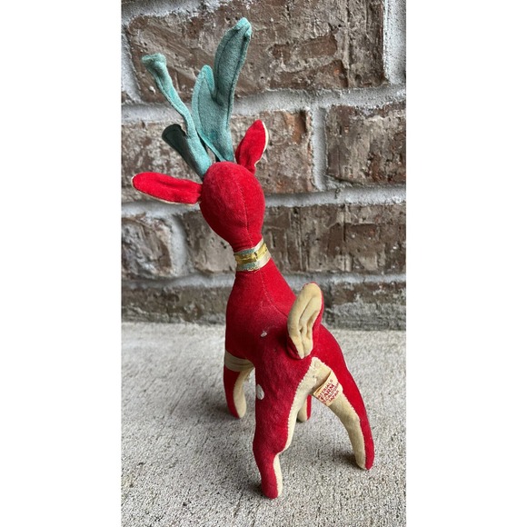 Set of 2 Vintage Fun Farm Christmas Red Velveteen 10" Reinder Plush Figurines - Picture 7 of 11